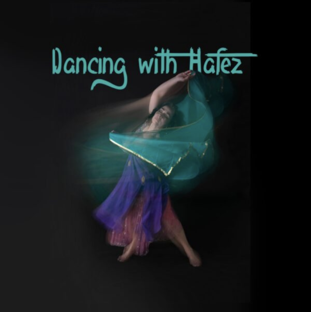 The dancer is wearing a purple and pink dress and dancing with a turquoise veil
